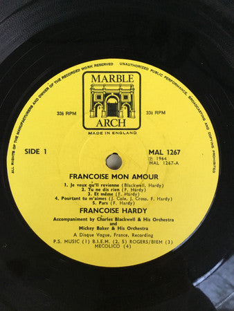 Image of Label Cover of LP - G+/VG - FRAN OISE HARDY, Francoise Mon Amour (Marble Arch Yellow Labels; MAL 1267, UK 1970, Laminated Flipback Sleeve, Mono), Name written on sleeve front & back. Bottom flip-back damaged.,  - 3916140C