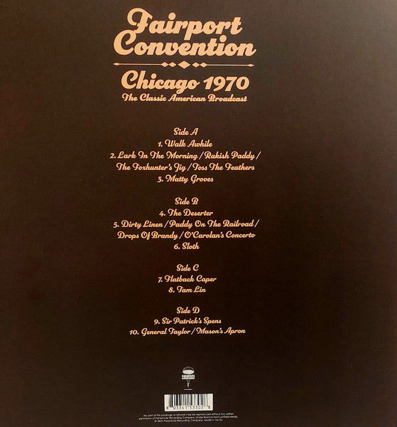 Image of Back Cover of 2xLP - VG+/VG+ - FAIRPORT CONVENTION, Chicago 1970: The Classic American Broadcast (Parachute Music; PARA481LP, UK & Ireland 2021, Gatefold, Black Inners), ,  - 3046069S