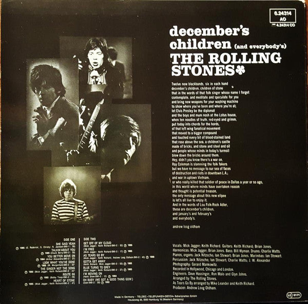 Image of Back Cover of LP - VG+/VG+ - THE ROLLING STONES, December's Children (And Everybody's) (Decca ; 6.24314 AO, Germany 1980 Reissue, Inner), ,  - 3026127E