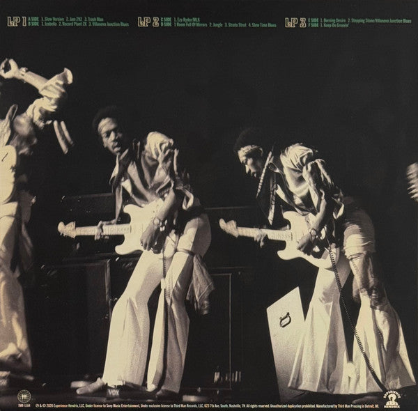 Image of Back Cover of 3xLP - VG+/VG+ - JIMI HENDRIX, Valley Of Jams 1969-1970 (Third Man Records; TMR-1164, US 2026, Triple Gatefold, Insert, Sticker and Patch, with bonus 7". LPs are Teal, Orange and Purple), Sleeve has one bumped corner.,  - 3026108E