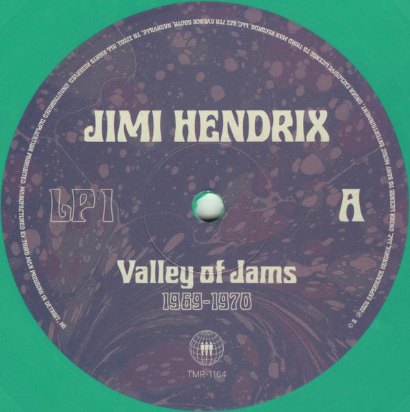 Image of Label Cover of 3xLP - VG+/VG+ - JIMI HENDRIX, Valley Of Jams 1969-1970 (Third Man Records; TMR-1164, US 2026, Triple Gatefold, Insert, Sticker and Patch, with bonus 7". LPs are Teal, Orange and Purple), Sleeve has one bumped corner.,  - 3026108E