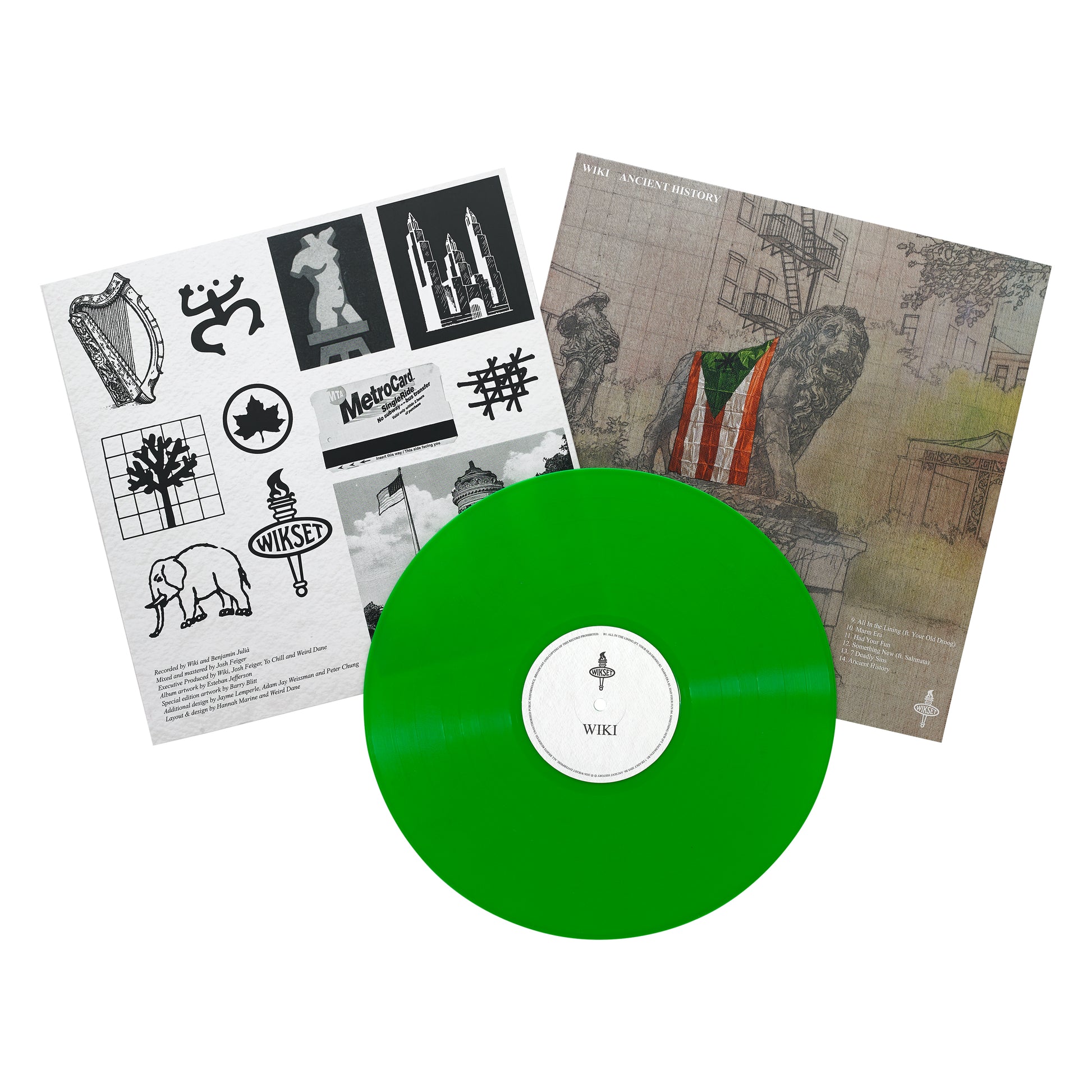 Image of Back Cover of LP - NEW/NEW - WIKI, Ancient History (Wikset Enterprise; WIK006LPG, Europe 2026, Inner, Fern Green Vinyl), , Wiki returns with new solo album Ancient History, where the NYC staple connects with a range of exciting producers including The Alchemist, Navy Blue, Dom Maker (Mount Kimbie), dj blackpower (MIKE), Nick Hakim, Laron, and more. There are also guest features from fellow New Yorkers Your Old Droog, duendita, and SALIMATA. Ancient History marks Wiki's first solo full-length projec