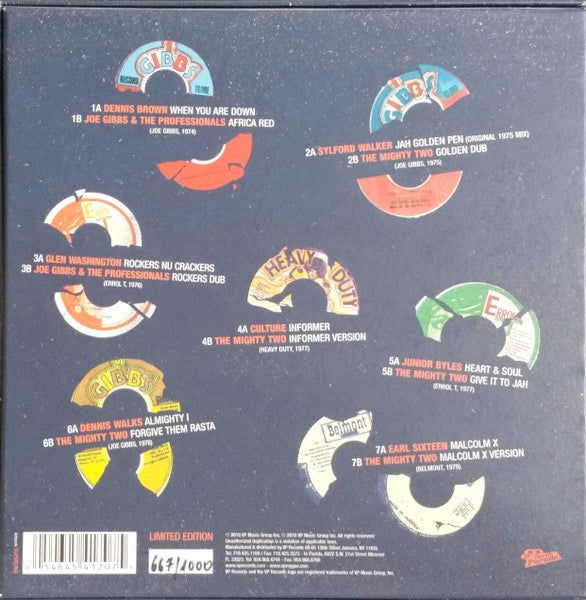 Image of Back Cover of 7x7" - VG+/EX - VARIOUS ARTISTS, Joe Gibbs 7" Spectacular 2 (17 North Parade; VP4170, US 2010, Box Set, 7 Inners + Insert, Limited Numbered Edition), Copy 2 of 1000, A - Dennis Brown When You Are DownB - Joe Gibbs & The Professionals Africa RedC - Sylford Walker Jah Golden Pen (Original 1975 Mix)D - The Mighty Two Golden DubE - Glen Washington 	Rockers Nu CrackersF - Joe Gibbs & The Professionals Rockers DubG - Culture InformerH - The Mighty Two Informer VersionI - Junior Byle