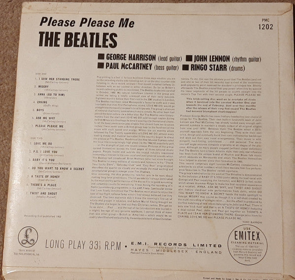 Image of Back Cover of LP - G+/G - THE BEATLES, Please Please Me (Parlophone; PMC 1202, UK 1963), Many marks on the record. Sleeve has many small creases and tears and discolouration on sleeve rear.,  - 3026112E