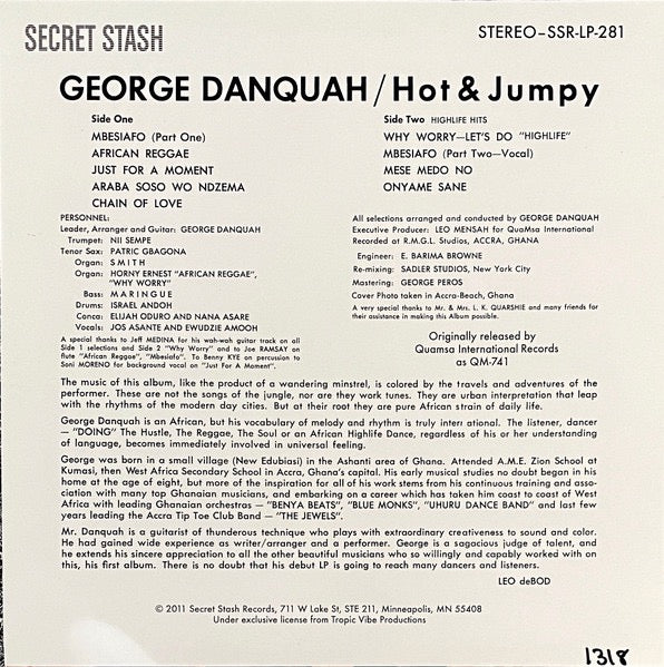 Image of Back Cover of LP - VG/VG - GEORGE DANQUAH, Hot & Jumpy (Secret Stash Records; SSR-LP-281, US 2011 Reissue, Numbered Limited Edition), No. 676. Strong VG across the board.,  - 3016154C