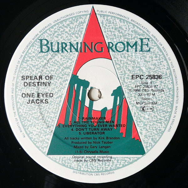 Image of Label Cover of LP - VG+/VG+ - SPEAR OF DESTINY, One Eyed Jacks (Epic; EPC 25836, UK 1984), A few very light hairlines.,  - 3016122C