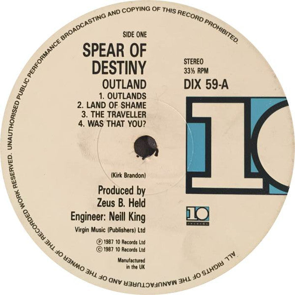 Image of Label Cover of LP - VG/VG+ - SPEAR OF DESTINY, Outland (10 Records; DIX 59, UK 1987, Inner), ,  - 3016123C