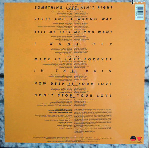 Image of Back Cover of LP - VG+/VG - KEITH SWEAT, Make It Last Forever (Elektra; 9 60763-1, US 1987), ,  - 3026167E