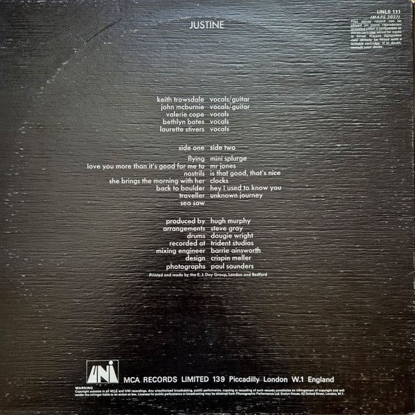 Image of Back Cover of LP - VG/G - JUSTINE, Justine (UNI Records; UNLS 111, UK 1970, Textured Gatefold Sleeve, Stereo), Pen Mark On Front Sleeve,   - 3046096S