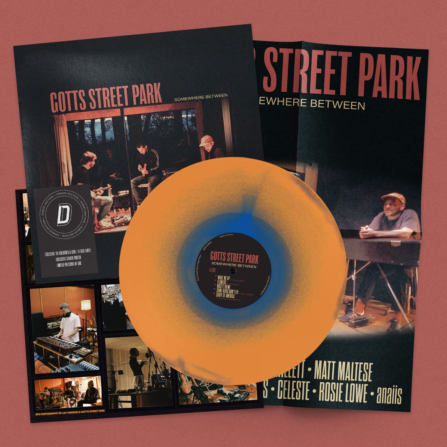 Image of Front Cover of LP - NEW/NEW - GOTTS STREET PARK, Somewhere Between - Dinked Edition (Play It Again Sam; PIASR1680LPS, UK 2026, Signed Poster, Tri-colour effect vinyl, Signed A2 fold-out A2 poster, Limited pressing of 500, EXCLUSIVE to Dinked Edition, Dinked No. 431), , 3 years after their critically acclaimed album ‘On The Inside’, Gotts Street Park come back with their new album ‘Somewhere Between’, featuring Celeste, Matt Maltese, Rosie Lowe, Pip Millett, Sofia and the Antoinettes, anaiis and Ol