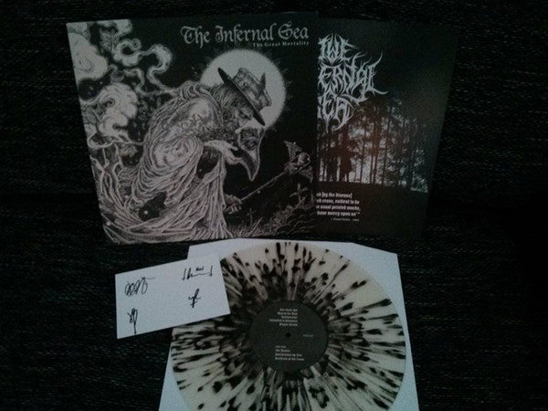 Image of Back Cover of LP - VG+/VG+ - THE INFERNAL SEA, The Great Mortality (Cacophonous Records; NIHIL45LP, UK 2016, Insert, A6 Postcard Signed by Band, Limited Edition, Clear with Black Splatter, Includes Slip Mat), Lovely clean copy all around. ,  - 3046104S