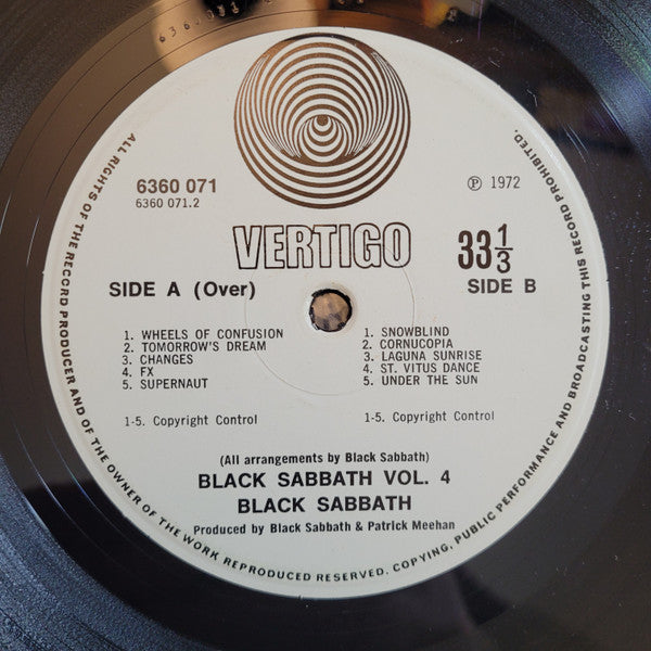 Image of Label Cover of LP - VG/G+ - BLACK SABBATH, Black Sabbath Vol 4 (Vertigo Spiral No 'Made In England'; 6360 071, UK 1972, Gatefold With Glued-In Insert, Vertigo Swirl Poly-Lined Inner, First Press With The 1/3 On Label Above The E Of Side B), Mark that sounds briefly at the start of side B, background noise during the quieter passages.,  - 3016235C