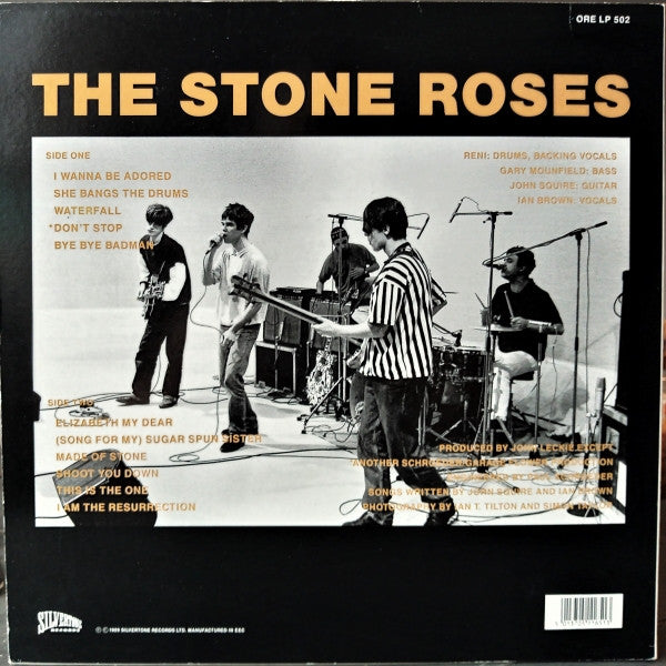 Image of Back Cover of LP - VG/G+ - THE STONE ROSES, The Stone Roses (Silvertone Records; ORE LP 502, UK 1990 Reissue, Inner), Many light hairlines and scuffs. Sleeve has edgewear. ,  - 3026180E
