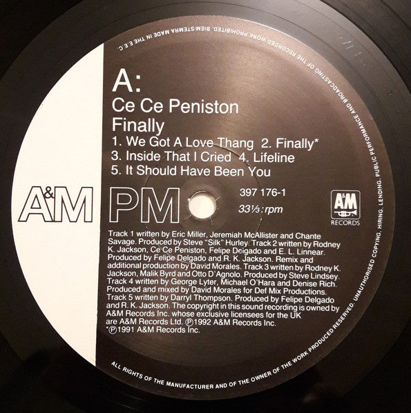 Image of Label Cover of LP - VG/VG - CE CE PENISTON, Finally (A&M Records; 397 176-1, UK & Europe 1992, Picture Sleeve), Strong VG, light marks only.,  - 3026195E