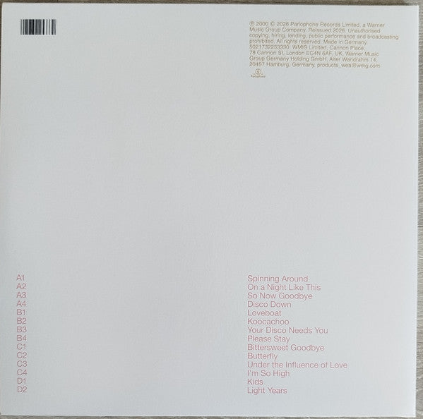 Image of Back Cover of 2xLP - NEW/NEW - KYLIE MINOGUE, Light Years (Parlophone; 5021732253330, Worldwide 2026 Reissue, Gatefold, 2 Inners, Black Vinyl), , Kylie s first album with Parlophone shot Kylie back into pop stardom, with a blend of dance-pop, disco and Europop spawning singles such as On A Night Like This, Kids with Robbie Williams, and her big comeback single Spinning Around. - 3236015E