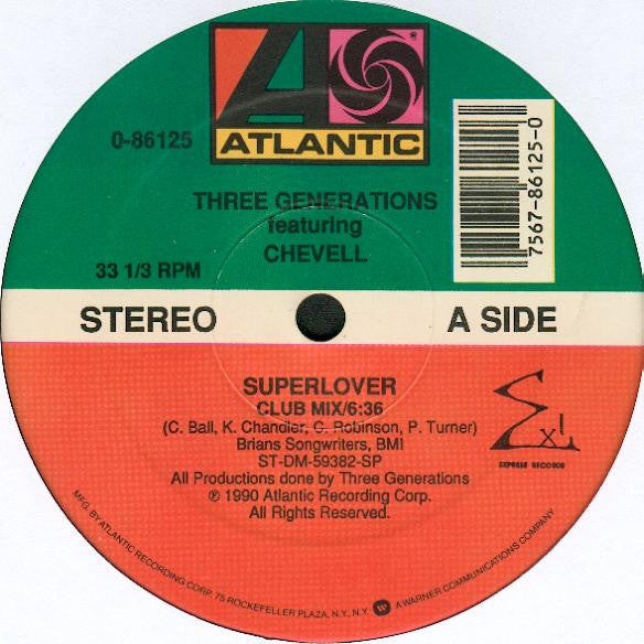 Image of Front Cover of 12" - /VG - THREE GENERATIONS FEATURING CHEVELL, Superlover / Get It Off (Atlantic; 0-86125, US 1990, Stickered Plain Sleeve), Light surface marks on side B, plays VG+,  - 3046119S