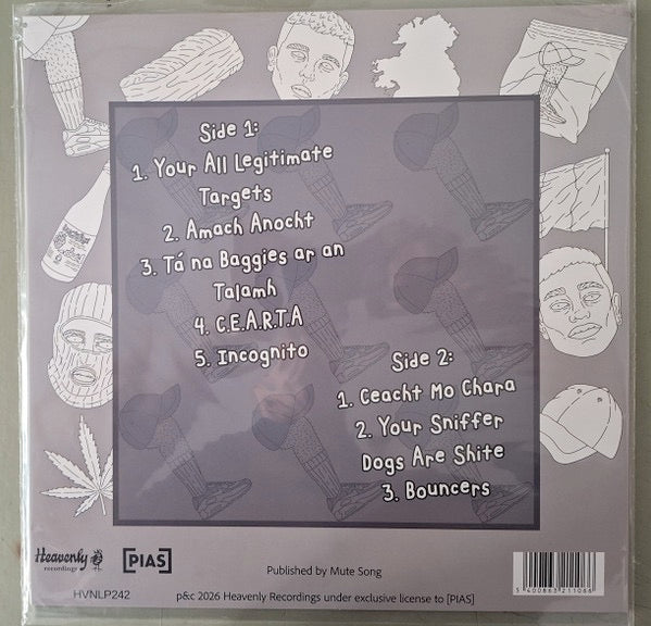 Image of Back Cover of LP - NEW - KNEECAP, 3CAG (Heavenly; HVNLP242, UK 2026 Reissue, Inner, Squidgy Black Vinyl, Download Code), , From inside a hazey attic on Hawthorn Street, 3CAG was born in 2018. Two young fellas in West Béal Feirste on a quest to stay one step ahead of the RUC, using their connections with the Conamara Cartel to Smuggle Narcotics and sneak them past shite Sniffer Dogs. A madman from Free Derry was on the run, so the trio united. A new identity was born, with linguistic summersaults ne