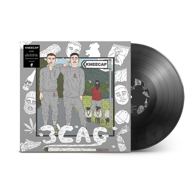 Image of Front Cover of LP - NEW/NEW - KNEECAP, 3CAG (Heavenly; HVNLP242, UK 2026 Reissue, 4 Page Insert, Squidgy Black Vinyl, Download Code), , From inside a hazey attic on Hawthorn Street, 3CAG was born in 2018. Two young fellas in West Béal Feirste on a quest to stay one step ahead of the RUC, using their connections with the Conamara Cartel to Smuggle Narcotics and sneak them past shite Sniffer Dogs. A madman from Free Derry was on the run, so the trio united. A new identity was born, with linguistic su