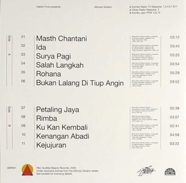 Image of Back Cover of LP - NEW/NEW - ALFONSO SOLIANO, Tiga Trombone (Audible Beauty Records; ABR001, UK 2026, Gatefold, 12 Page Booklet, Download Code), , Habibi Funk s new sister label Audible Beauty Records debut release: A landmark collection retelling the untold story of Malaysian jazz featuring 11 songs from the legendary composer, arranger and pianist Alfonso Soliano, originally recorded for Radio Television Malaysia (RTM) and only released in a run of a few dozen copies for radio broadcast. Widely r