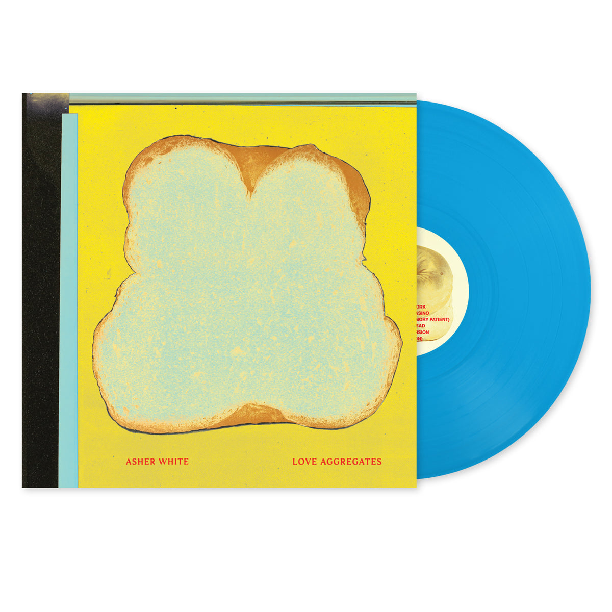Image of Back Cover of LP - NEW/NEW - ASHER WHITE, Love Aggregates (Joyful Noise Records; JNR523LP-C1, UK 2026, Inner, Cyan Vinyl), , For any other artist, an album like Asher White s Love Aggregates might come out of a conscious push to treat no idea as off-limits, to make something bold and new. Jubilant art-funk about cocaine addiction absolutely. Swooning orchestral pop about Jerry Garcia why not? Rippling electronic noise, jazzy brushed drums, an elderly motorcyclist with dementia, a profoundly emotion