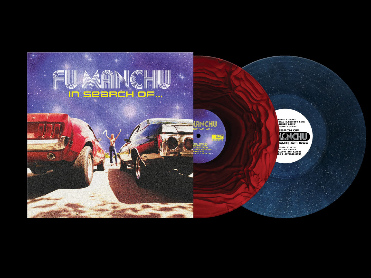 Image of Back Cover of 2xLP - NEW/NEW - FU MANCHU, In Search Of…. 30th Anniversary Edition (At The Dojo; All Hail The Queen, UK 2026 Reissue, Red Blue Vinyl & Custom Night Sky Vinyl), , To celebrate the 30th Anniversary of the band’s 3rd album and major label debut from 27 February, 1996, the band is releasing In Search Of...30th Anniversary Edition. Recorded at Grandmaster Studios in Hollywood, California by the band and Brian Jenkins (KYUSS, SCREAMING TREES), "In Search Of…" is considered a classic of the