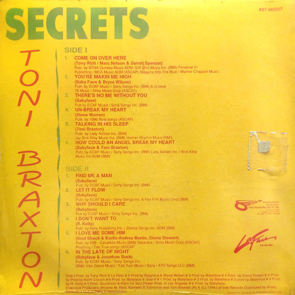 Image of Back Cover of LP - EX/VG+ - TONI TONI BRAXTON, Secrets (LaFace Records; 73008 26020 2, Jamaica 1996), Light production scuffs, plays great. Sleeve in nice shape. Rare JA press.,  - 3026203E