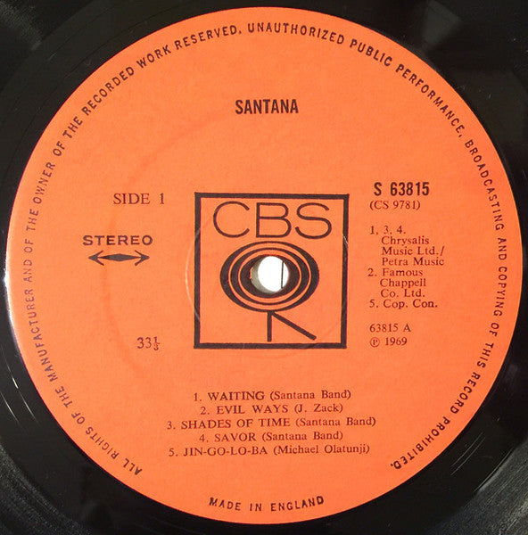 Image of Label Cover of LP - VG+/VG+ - SANTANA, Santana (CBS; S 63815, UK 1970 Reissue, A2 credited to J. Zack, no sleeve production credits in lower right corner), ,  - 3046108S