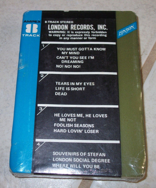Image of Back Cover of 8 Track Cartridge Cassette - VG+/EX - DANA GILLESPIE, Foolish Seasons (London Records; none, US 1968, Slipcase, Sealed 8 Track cartridge. Uncredited session players include Jimmy Page, John Paul Jones, Big Jim Sullivan, and Herbie Flowers.), Sealed with minor discolouring on the shrink but an all-around really nice copy especially for its age,  - 2836015E