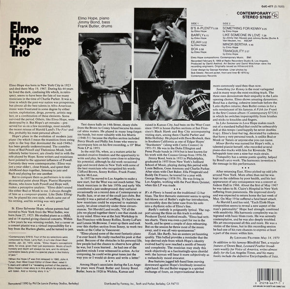 Image of Back Cover of LP - VG/VG - ELMO HOPE TRIO, Elmo Hope Trio (Original Jazz Classics; OJC-477, US 1990 Reissue), Some light staining on sleeve, discolouration too,  - 3016262C