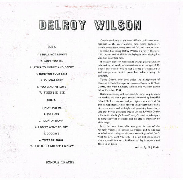 Image of Back Cover of LP - VG+/VG+ - DELROY WILSON, I Shall Not Remove (Studio One; , Jamaica 1990s Reissue), ,  - 3026209E