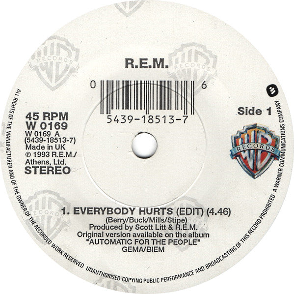 Image of Label Cover of 7" - VG/VG - R.E.M., Everybody Hurts (Warner Bros. Records; W 0169, UK 1993, 2nd Print Paper Sleeve), ,  - 3016229C