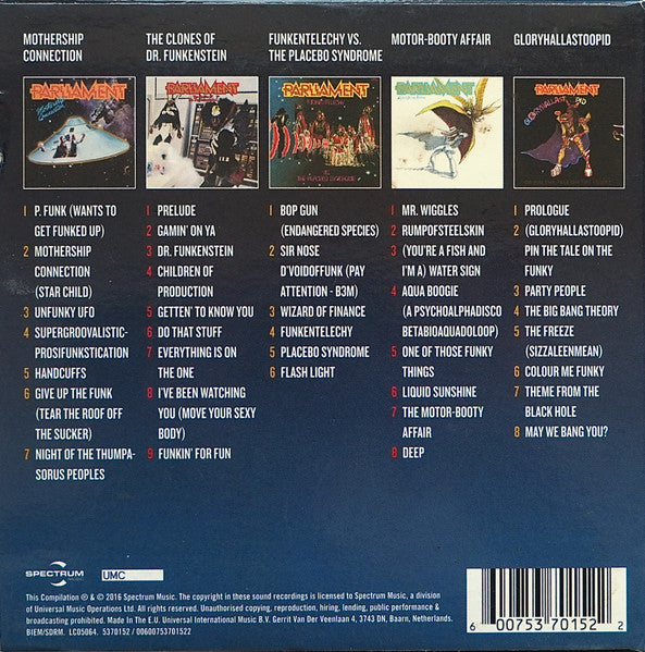 Image of Back Cover of 5xCD - VG+/VG+ - PARLIAMENT, 5 Classic Albums (Spectrum Music; 5370152, Europe 2016, Compilation, Southwater Glass Master), Light marks on disc 4.,  - 3056083S