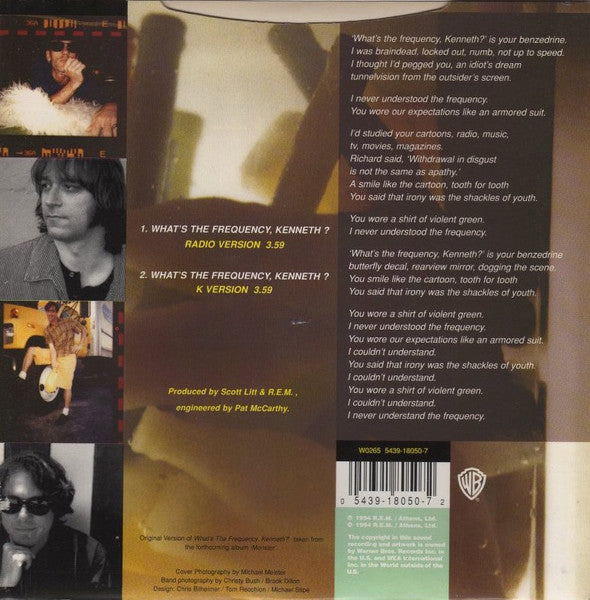 Image of Back Cover of 7" - VG/VG+ - R.E.M., What's The Frequency, Kenneth? (Warner Bros. Records; W0265, UK 1994, Picture Sleeve), ,  - 3016230C