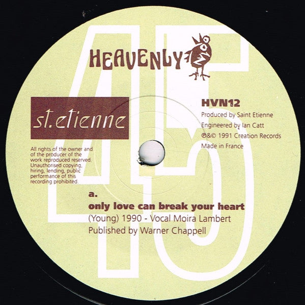 Image of Label Cover of 7" - VG/VG - ST. ETIENNE, Only Love Can Break Your Heart / Filthy (Heavenly; HVN 12, UK 1991, Picture Sleeve), Wear to sleeve opening, top right corner.,  - 3016231C