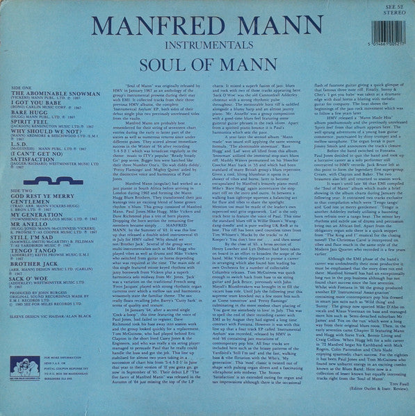 Image of Back Cover of LP - VG+/VG+ - MANFRED MANN, Soul of Mann (HMV; CLP3594, UK 1967, Mono), ,  - 3026082E