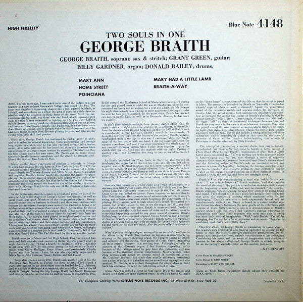 Image of Back Cover of LP - VG+/VG+ - GEORGE BRAITH, Two Souls In One (Blue Note (New York, USA); BLP 4148, US 1963, No Sleeve), ,  - 3026083E