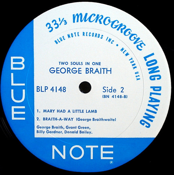 Image of Label Cover of LP - VG+/VG+ - GEORGE BRAITH, Two Souls In One (Blue Note (New York, USA); BLP 4148, US 1963, No Sleeve), ,  - 3026083E