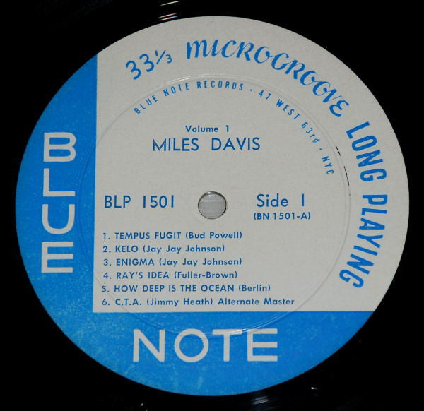Image of Label Cover of LP - VG/VG - MILES DAVIS, Volume 1 (Blue Note (47 West 63rd. NYC - Side One - Lexington Avenue - Side Two); BLP 1501, US 1958 Reissue, Remastered. (R) under E of Blue Note Side One Label. RVG and P in Run Out), Sleeve Opening Taped, Strong VG, Blue Note (47 West 63rd. NYC - Side One - Lexington Avenue - Side Two)Remastered. (R) under E of Blue Note Side One Label. RVG and P in Run Out - 3026084E