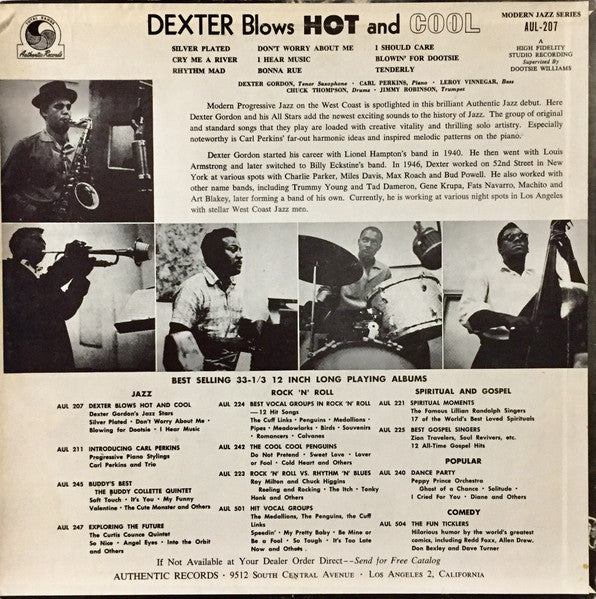 Image of Back Cover of LP - VG+/VG - DEXTER GORDON FEAT. CARL PERKINS, Dexter Blows Hot And Cool (Authentic Dootone - Blue Orange Gold and Black Label; AUL-207, US 1960 Reissue), ,  - 3026085E