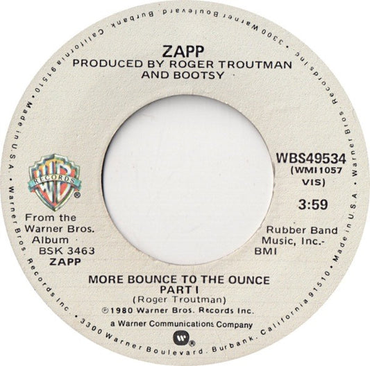 Image of Front Cover of 7" - /VG - ZAPP, More Bounce To The Ounce (Warner Bros. Records; WBS49534, US 1980, Plain Sleeve), Light marks only!,  - 3016271C