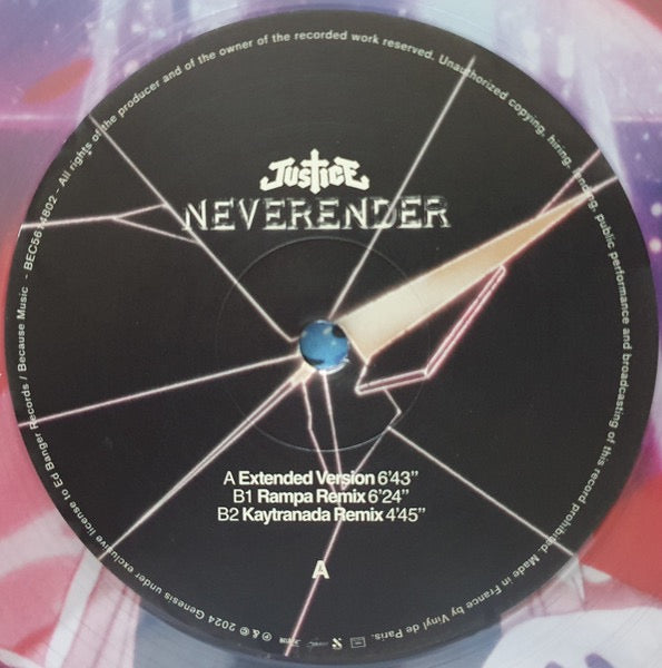 Image of Label Cover of 12" - NEW/NEW - JUSTICE, Neverender (Because Music; BEC5614802, Worldwide 2024, 33   RPM, Limited Edition, Crystal Clear Vinyl), ,  - 3036067E