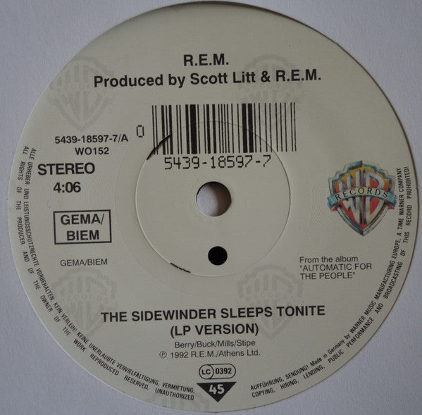 Image of Label Cover of 7" - VG/VG - R.E.M., The Sidewinder Sleeps Tonite (Warner Bros. Records; WO 152, Europe 1993, Picture Sleeve), ,  - 3016233C