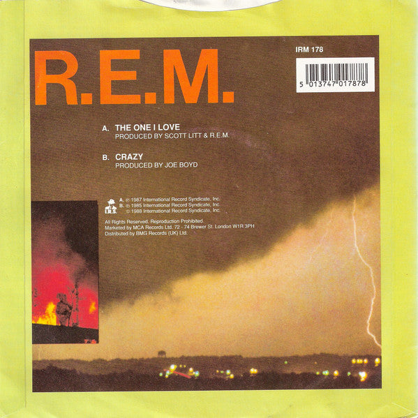 Image of Back Cover of 7" - VG/VG+ - R.E.M., The One I Love (I.R.S. Records Silver Injection Labels; IRM 178, UK 1991, Picture Sleeve), ,  - 3016234C