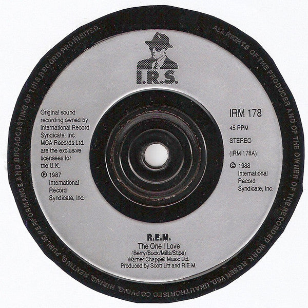 Image of Label Cover of 7" - VG/VG+ - R.E.M., The One I Love (I.R.S. Records Silver Injection Labels; IRM 178, UK 1991, Picture Sleeve), ,  - 3016234C