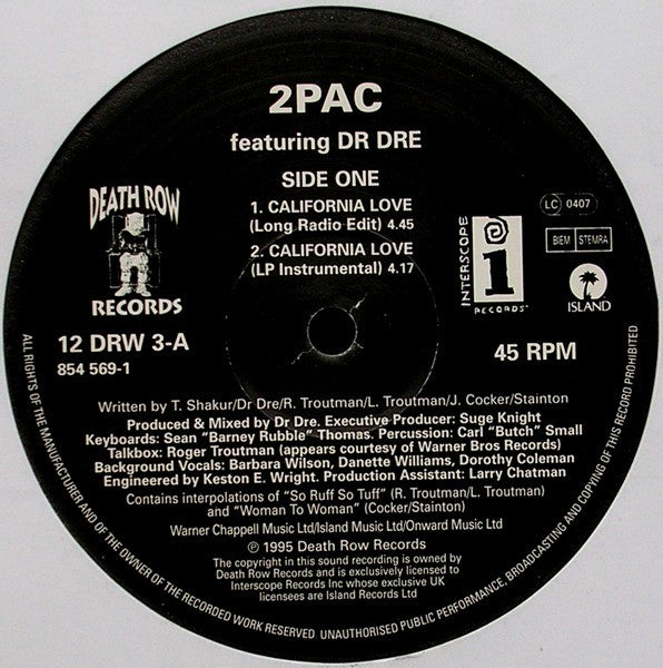 Image of Front Cover of 12" - /G+ - 2PAC, California Love (Death Row Records; 12 DRW 3, UK & Europe 1995), Strong G+, plays VG. Sleeve is missing.,  - 3046168S