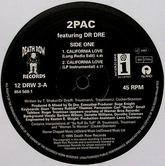 Image of Front Cover of 12" - /G+ - 2PAC, California Love (Death Row Records; 12 DRW 3, UK & Europe 1995), Strong G+, plays VG. Sleeve is missing.,  - 3046168S