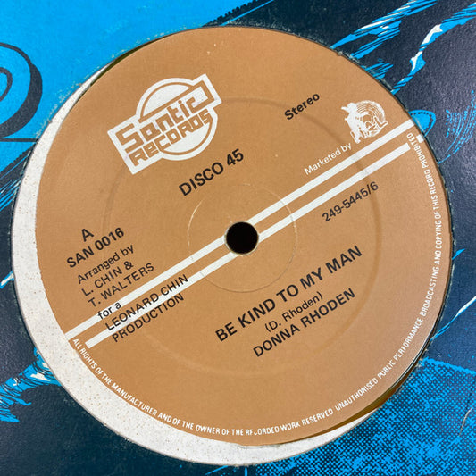 Image of Front Cover of 12" - VG+/EX - DONNA RHODEN / SANTIC ALL STARS, Be Kind To My Man / Rock Easy (Santic Records; SAN 0016, UK 1981, Reggae Disco 45 Sleeve, Orange Vinyl), ,  - 3016294C