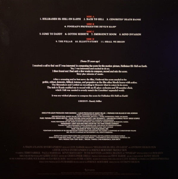 Image of Back Cover of 2x12" - VG+/EX - RANDY MILLER, Hellraiser III: Hell On Earth (Original Motion Picture Soundtrack) (Lakeshore Records; LKS35360LP, US 2019, Red With Black Smoke Vinyl), Still In Opened Shrinkwrap With Torn Hype Sticker,  - 3026186E