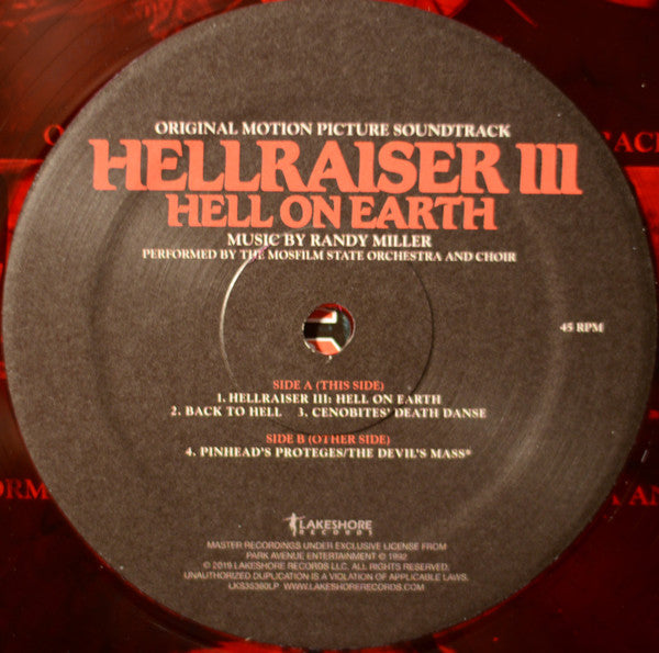 Image of Label Cover of 2x12" - VG+/EX - RANDY MILLER, Hellraiser III: Hell On Earth (Original Motion Picture Soundtrack) (Lakeshore Records; LKS35360LP, US 2019, Red With Black Smoke Vinyl), Still In Opened Shrinkwrap With Torn Hype Sticker,  - 3026186E