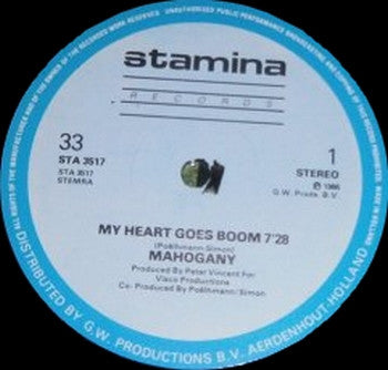 Image of Label Cover of 12" - VG+/VG - MAHOGANY, My Heart Goes Boom (Stamina Records; STA 3517, Netherlands 1986), ,  - 3046215S